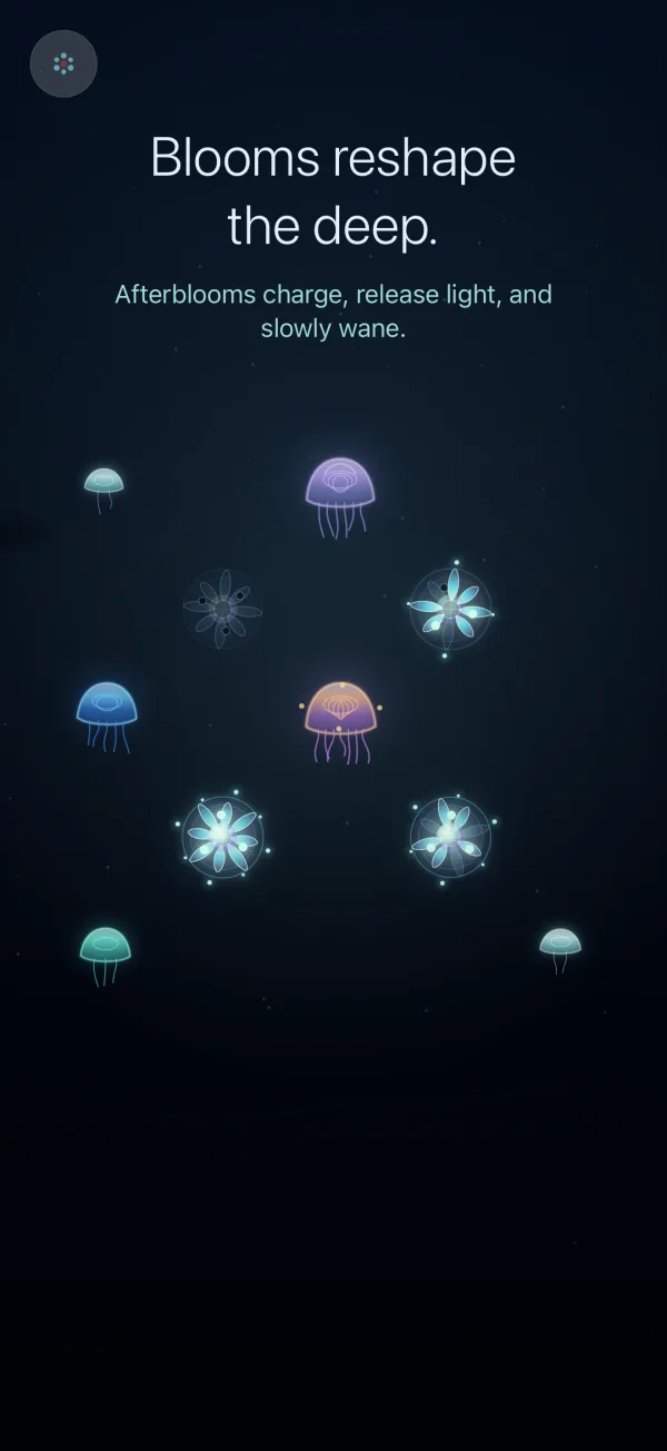 Blooms reshape the deep. Afterblooms charge, release light, and slowly wane.