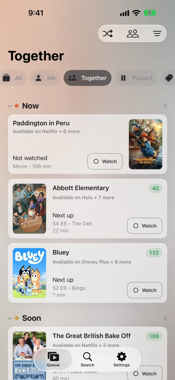 The Together list. Now holds Paddington in Peru, Abbott Elementary with season 4 episode 6 up next, and Bluey with season 2 episode 9 up next, each showing where it's streaming.