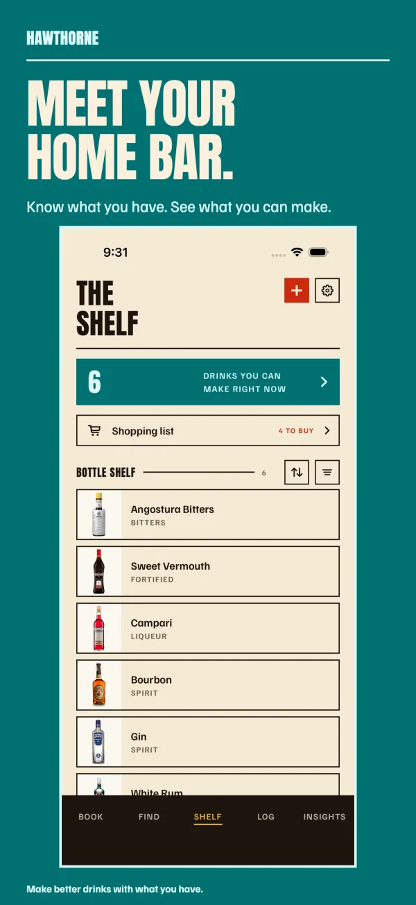 Meet your home bar. The Shelf lists your bottles and how many drinks you can make right now.