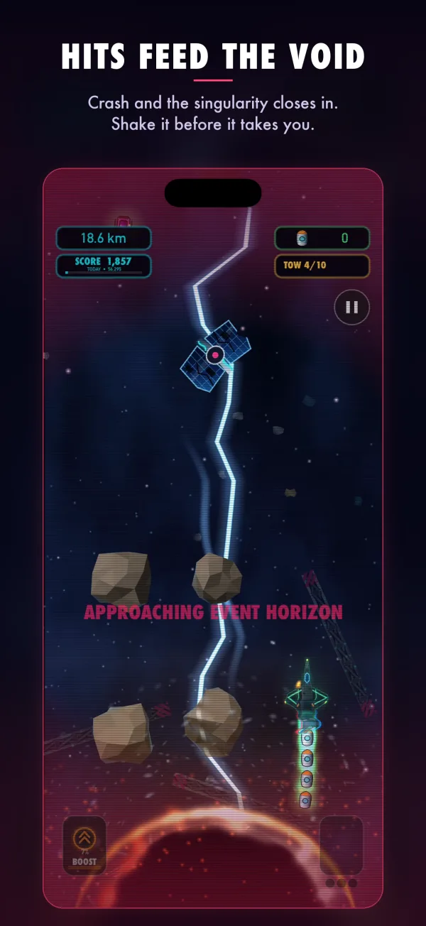 Hits feed the void. Crash and the singularity closes in. Shake it before it takes you.